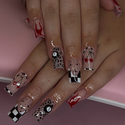 Square acrylics with black-and-white checkers, an 8-ball and cherries