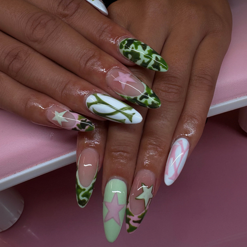 Almond acrylics with green swirls, pink stars and 3D flowers