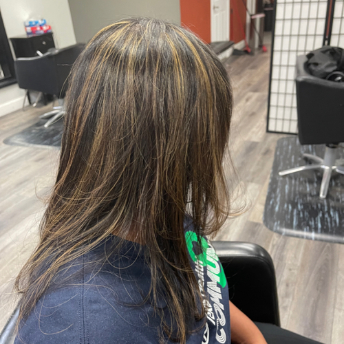 Natural highlights and silk press
