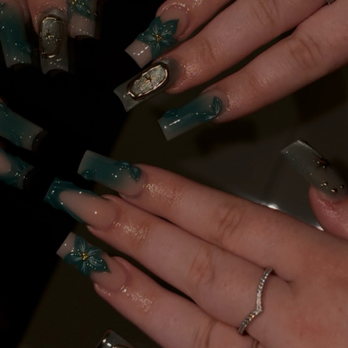 Long square dark teal acrylics with gold flakes and chrome detail