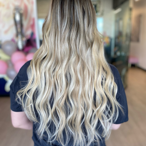 Full head balayage and 4 packs of I-tips for length and volume. 