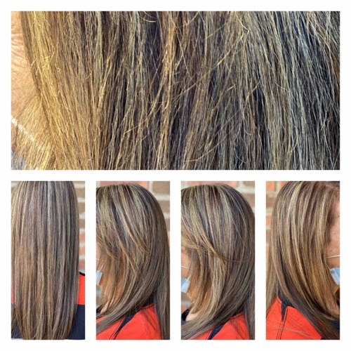 😍Small changes in your color can make a huge difference!👏🏼We kicked out the brass 🥾 by darkening her base color, popped a few lighter tones for dimension and finished it off with a keratin treatment that adds incredible shine, frizz elimination