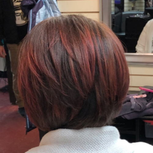 Brown with a Red pop 
& Haircut