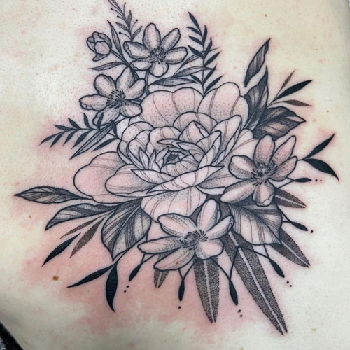 Floral Back Piece in black and grey shading w white highlights
