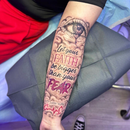 Scar Coverup on arms // “Let your Faith be bigger than your fear”// HALF SLEEVE // Black and grey w red accent 