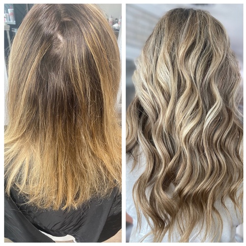 Before and after of color and hand-tied extensions 