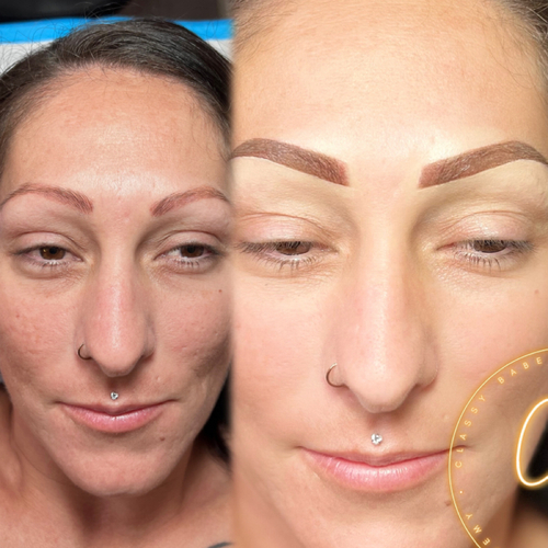 Powder brows over previous Microblading. We used color correction to even out the tone of the faded color. 

Results heal 20-30% lighter and softer