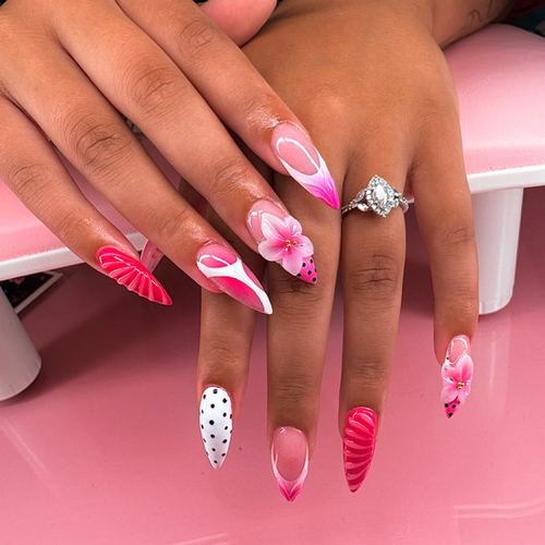 Pink almond acrylics with 3D flowers, stripes and polka dots
