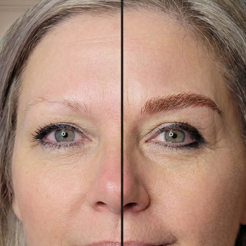 Before and after microbladed brow