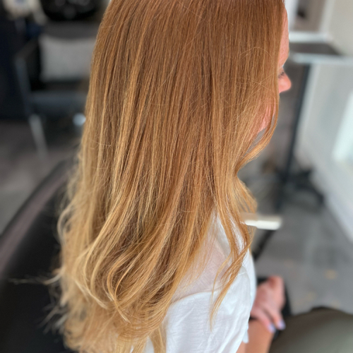 Light copper balayage on natural red. 