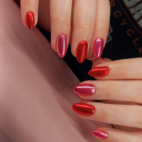 Chrome nail art on structured gel manicure 