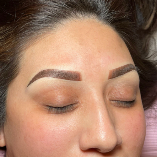 Powder brow correction done over old Microblading, these brows will heal 20-30% lighter in color. The edges of the brows will soften and redness will also be gone. 