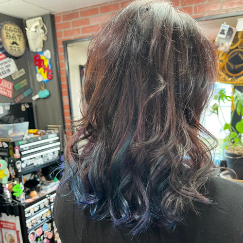 Dark color with pops of Blue & Purple