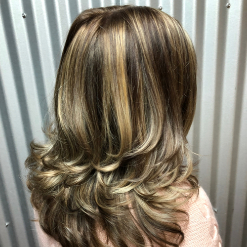 Blonde highlights & Brown Lowlights,
Haircut 