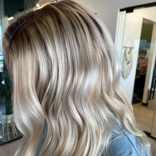 Half head highlight/lowlight, root tap and tone 