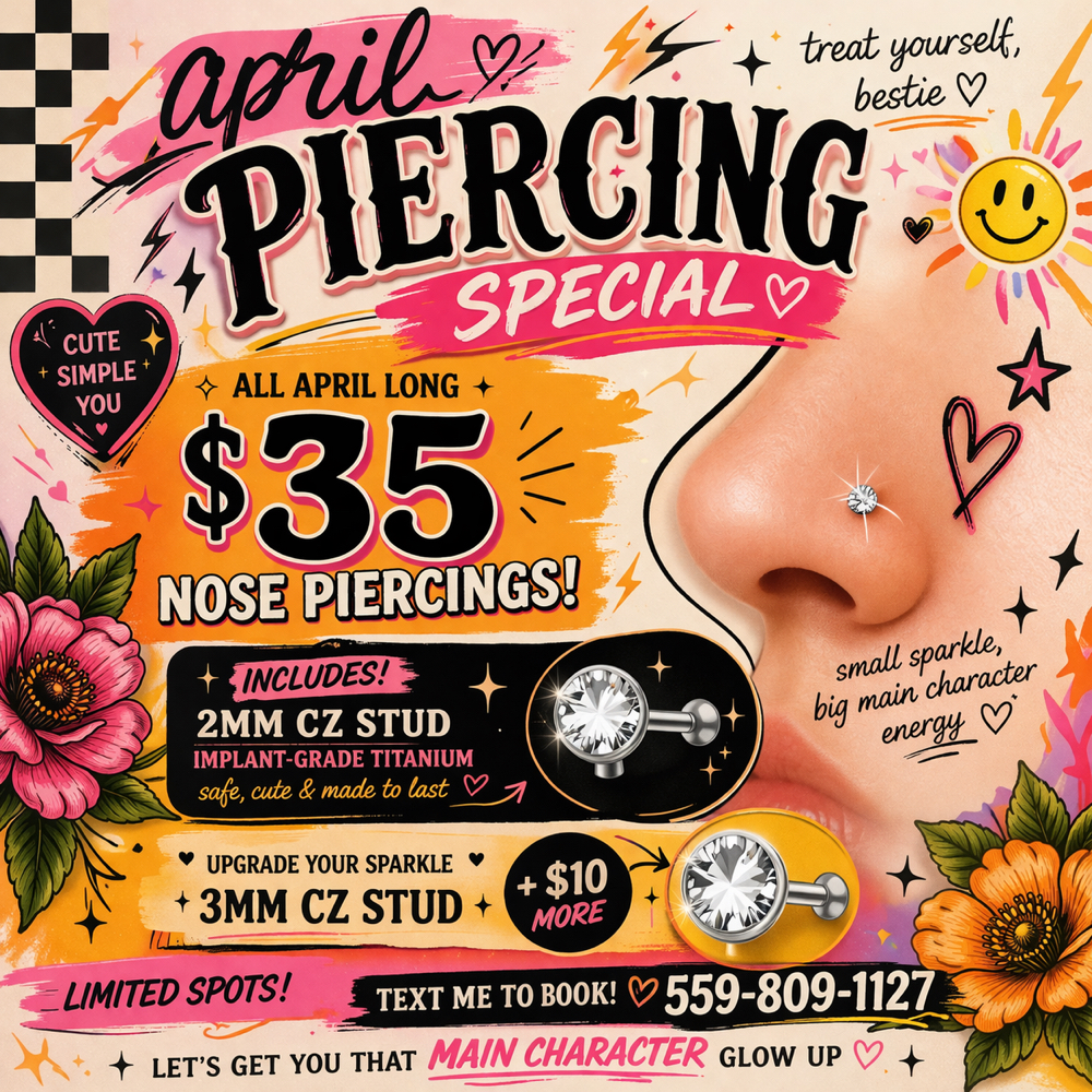 April Piercing Special at 3 Little Birds Ink in Visalia, CA