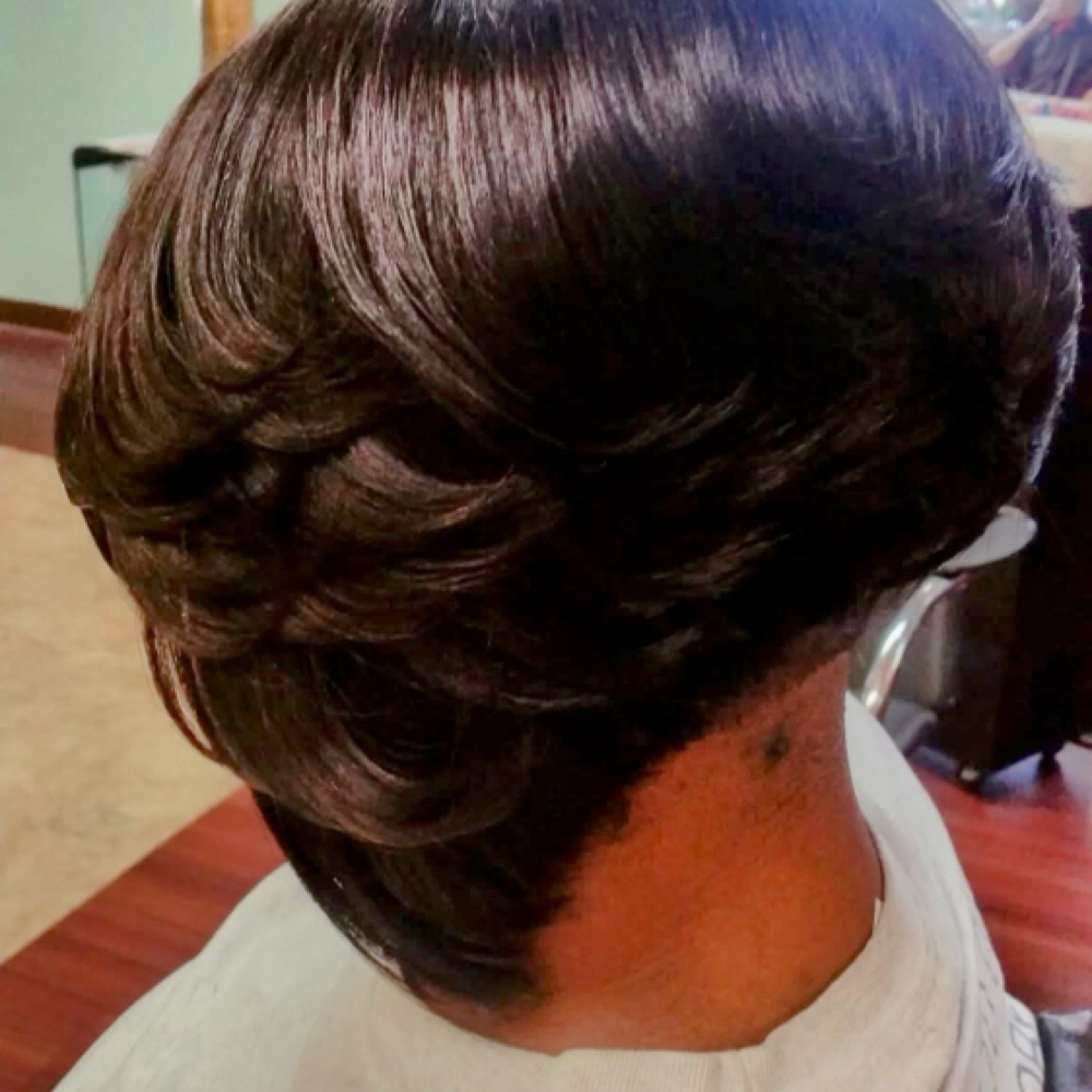 Relaxer/Cut/Lasting Rinse /Curl at Phyllis Patillo Montage Hair Studio in Eastpointe, MI