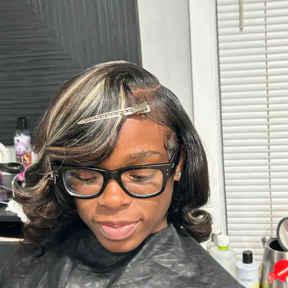 Side part quickweave bob with curls at The Hairapist Experience in Mount morris, MI