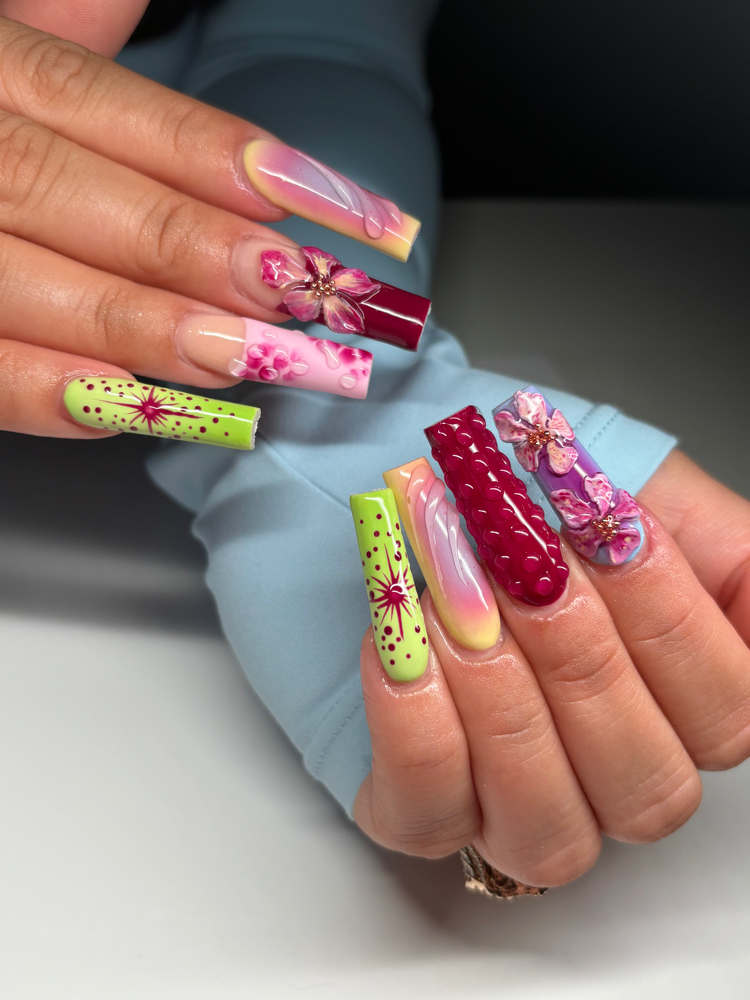 3D Flowers Per Nail at Kitty Klaw’d By Justina in Wilbraham, MA