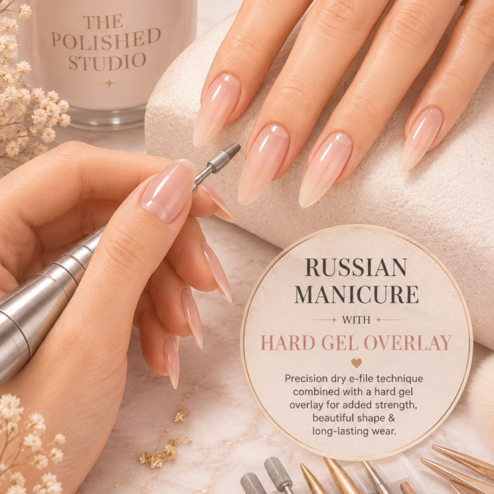 Russian Manicure + Hard Gel Overlay at The Polished Studio in Howell Township, NJ