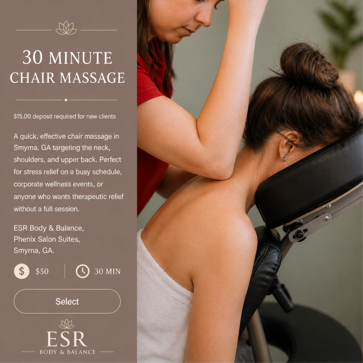30 Minute Chair Massage at ESR Body & Balance in Smyrna, GA
