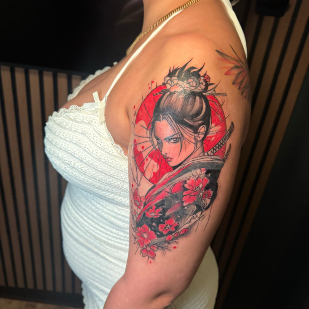 CUSTOM UPPER ARM QUARTER SLEEVE at Tattoo Whitney Houston in Houston, TX