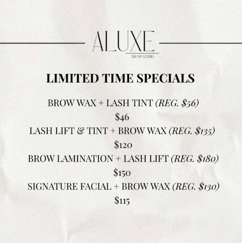 Limited Time Specials at Aluxe Brow Studio in Greenville, SC