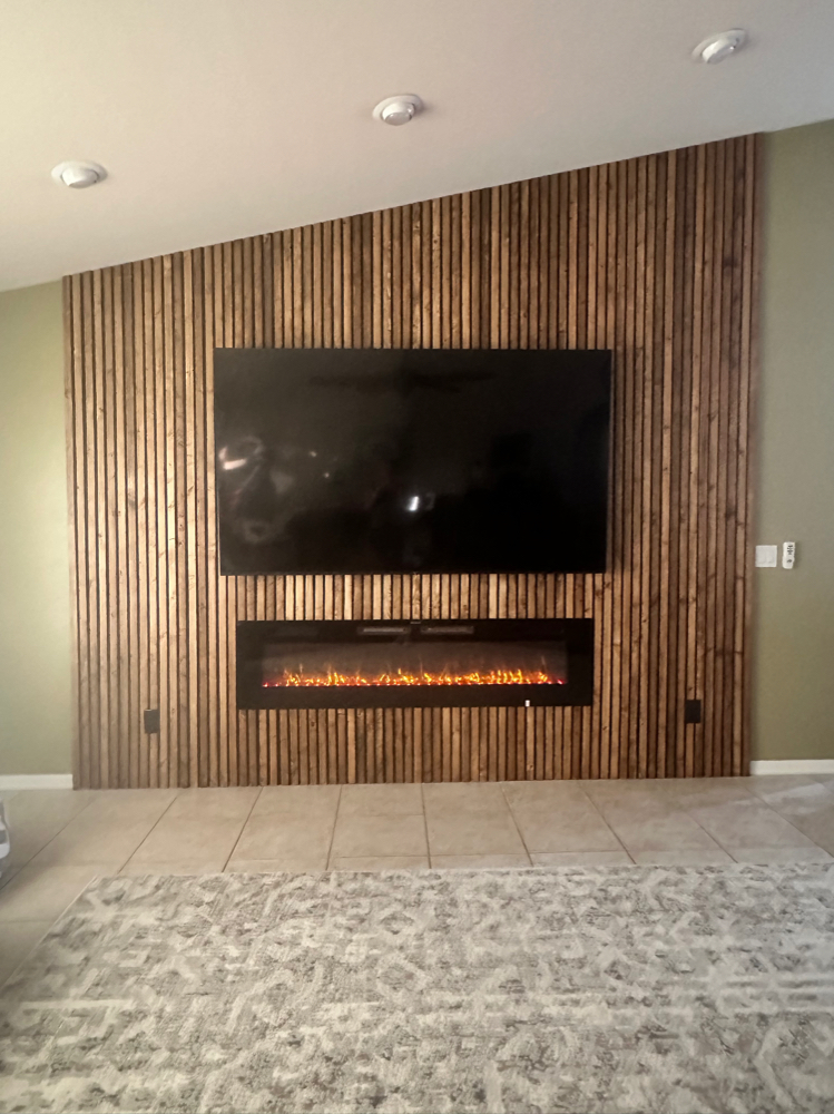 Wood Slat Accent Wall & Fireplace