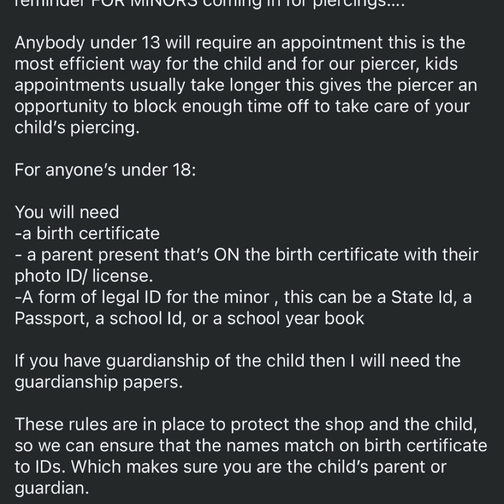 *REQUIREMENTS FOR MINORS* at Beyond Reality Tattoos And Piercings in Southgate, MI