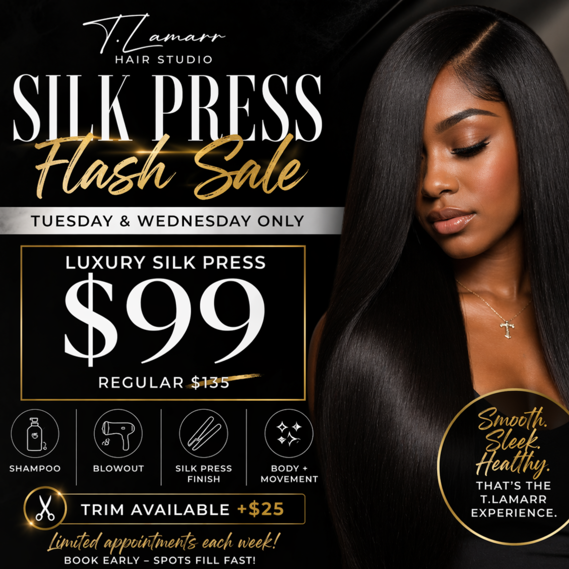 Tuesday & Wednesday Silk Press at TLamarr Hair Studio in Tinley Park, IL