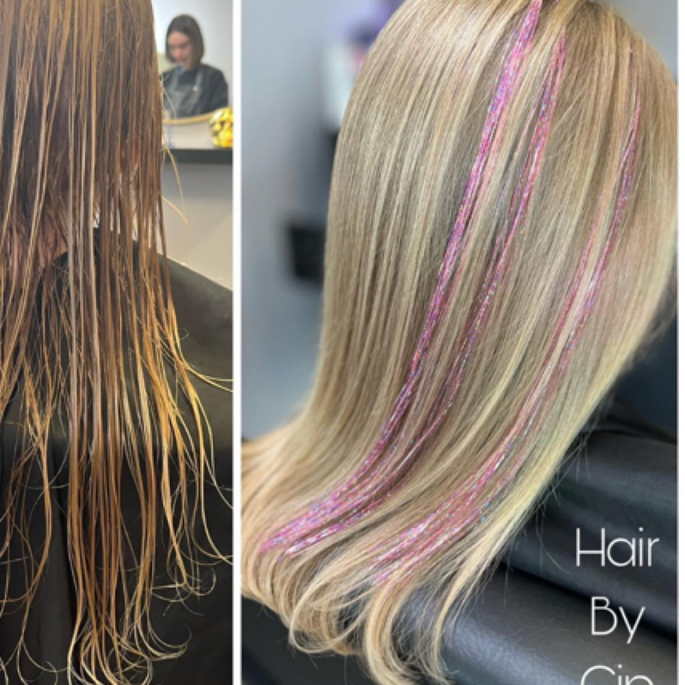 Glitter Hair Tinsel Extensions at Hair by Cin in Phenix Suites/PRETTY LITTLE SALON in Albuquerque, NM