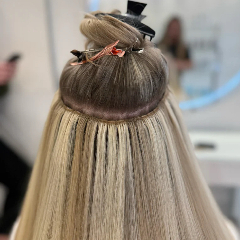 Micro Bead Extensions (weft) at Queen’z & King’z Barber Salon in Murrieta, CA