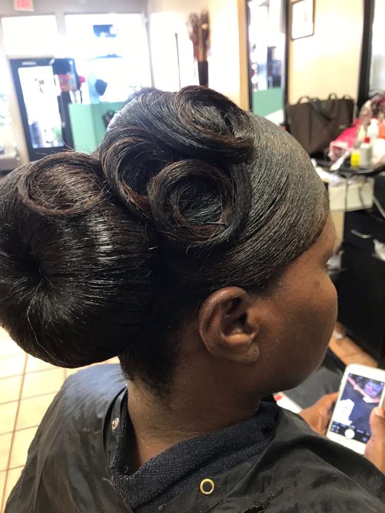 Bun W/Pin Curls at Millines Hair World, LLC in Any, FL
