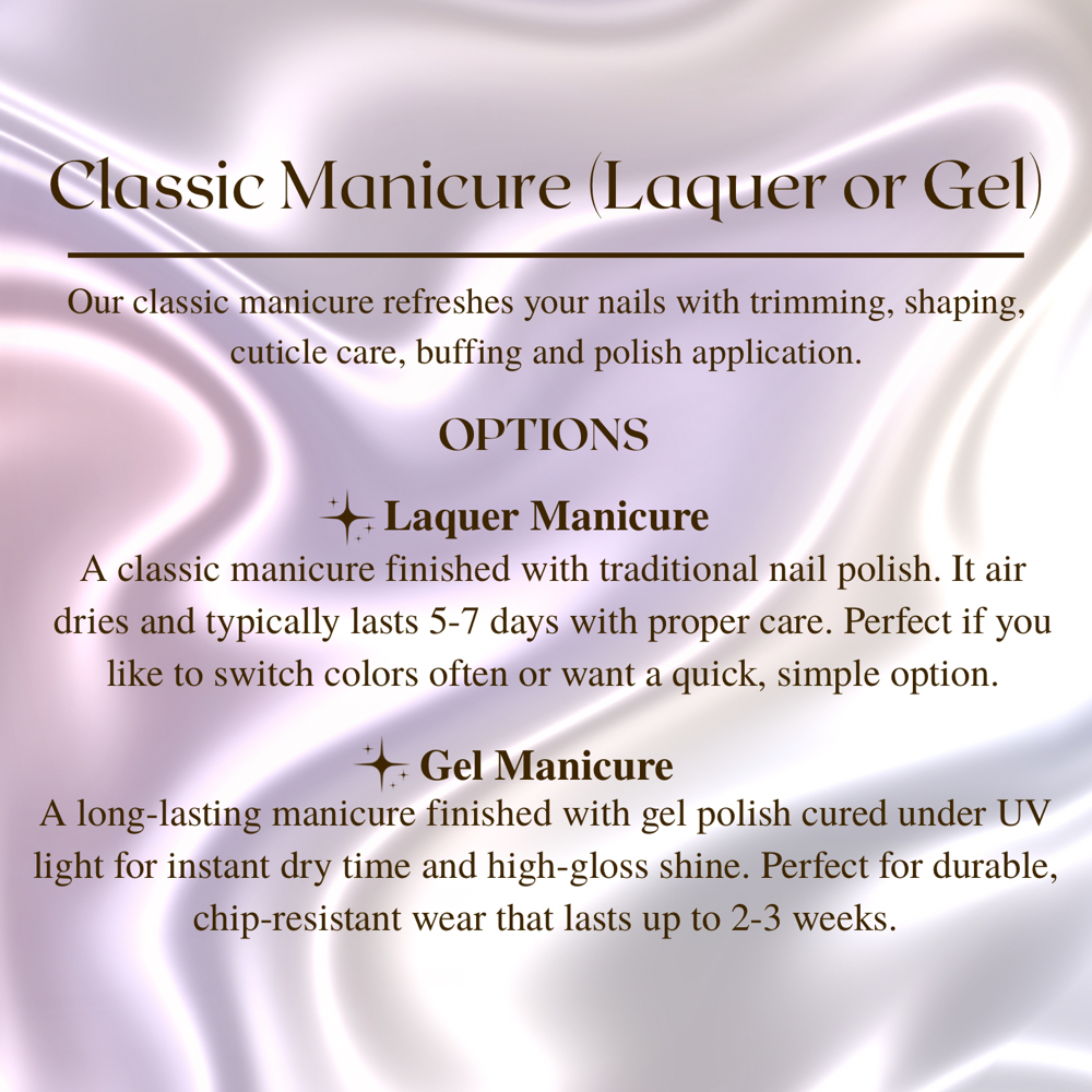 Classic Manicure (Laquer or Gel) at Evergreen Hair & Beauty Bar in Voorheesville, NY