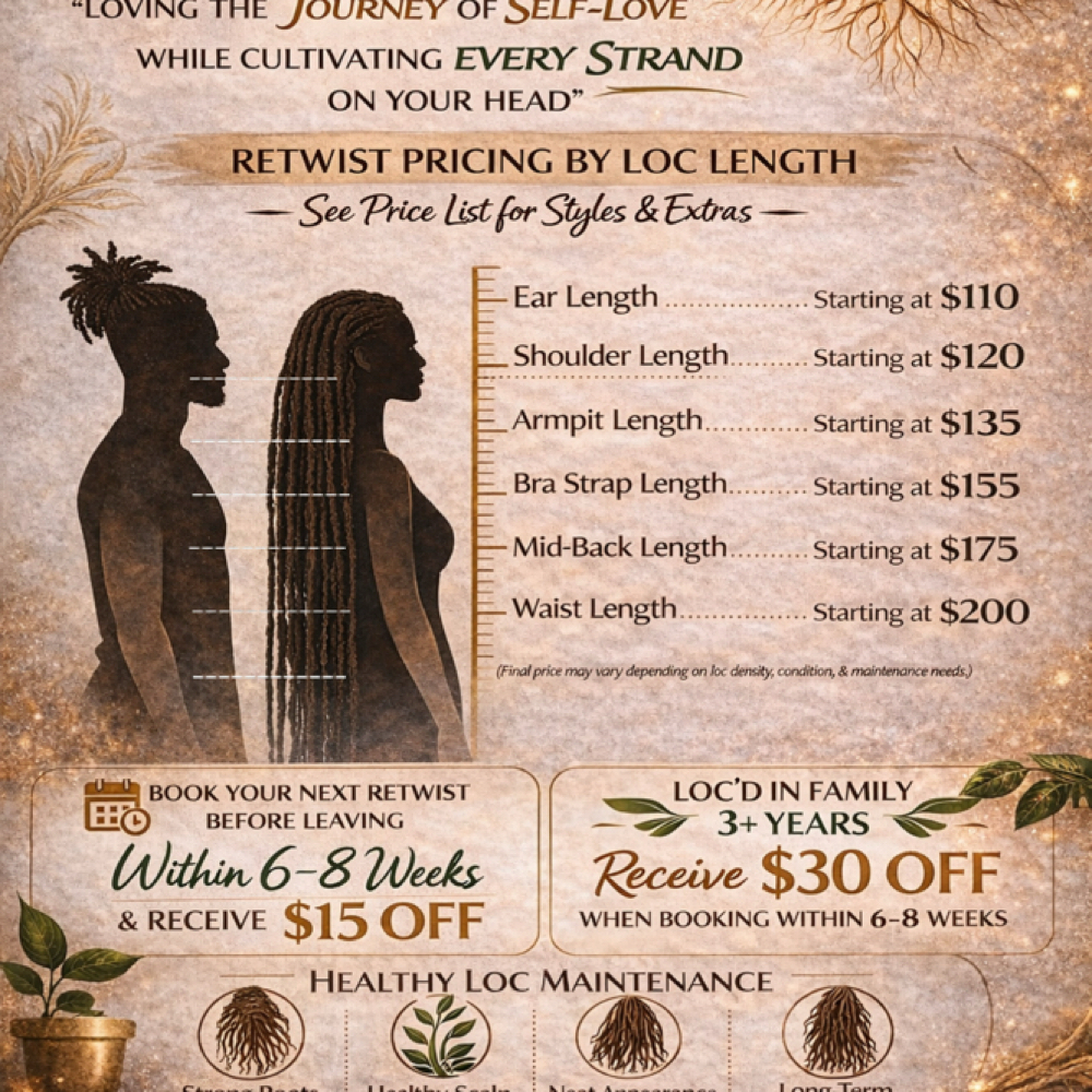 Retwist Your Roots LENGTH REQUIRED at Roots To Beauty Family Affair Salon in Terre Haute, IN