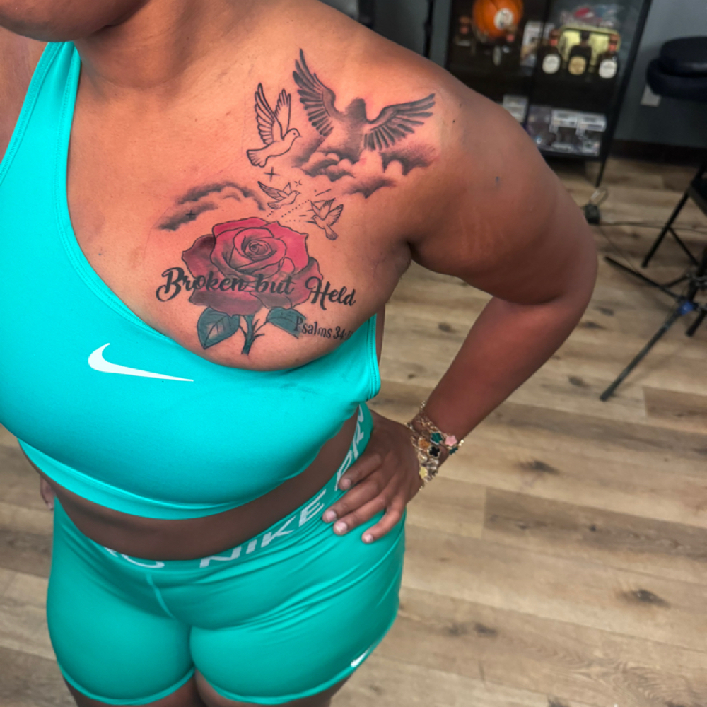 CUSTOM HALF CHEST TATTOO at Tattoo Whitney Houston in Houston, TX