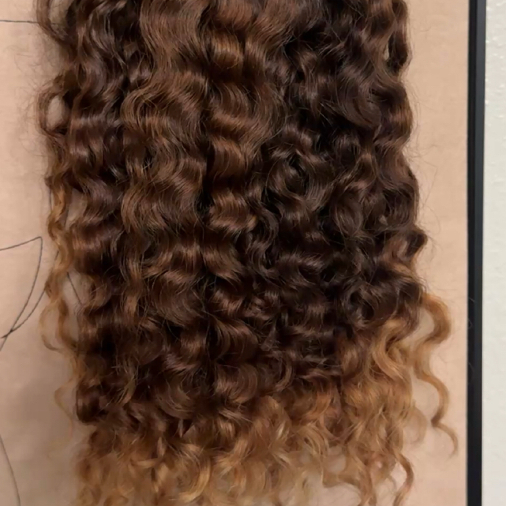 Auburn/honey Burmese Curly Braids at Koffeebraids in Carrollton, TX