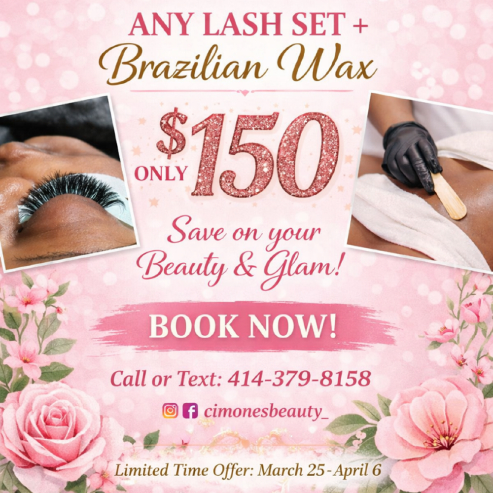 Lash Set & Brazilian Wax Special at Cimones Beauty & Aesthetics in Brown Deer, WI