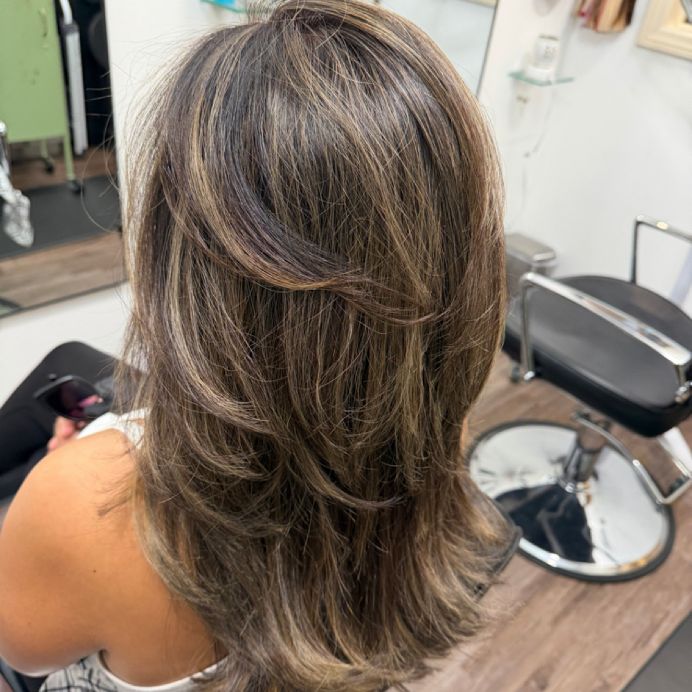 Partial highlights with haircut at Eyeleen’s Mane Addiction in Fontana, CA