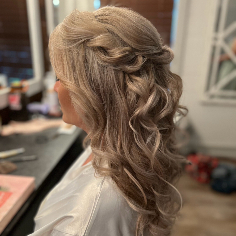 Full Curls/Half Up at McQueen Hair Co. in Groveton, TX