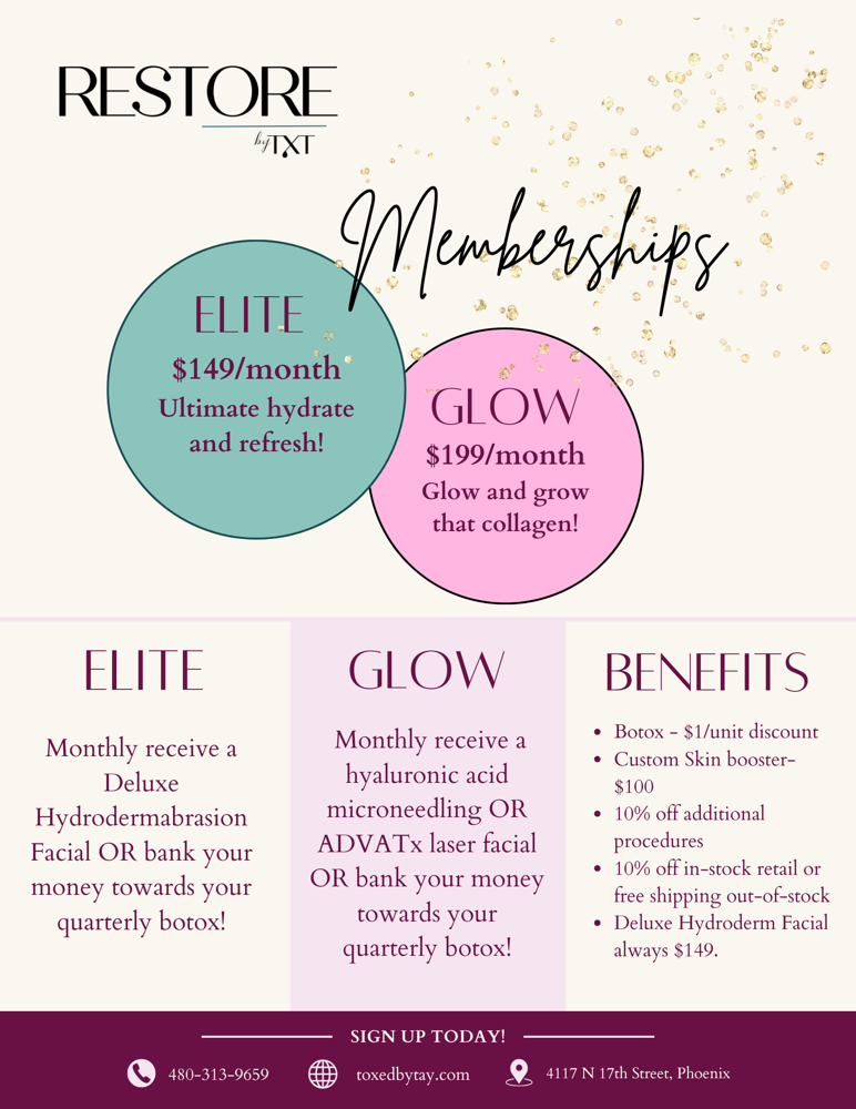 GLOW membership at RESTORE by TXT, formerly Taylor Northcott Aesthetics in Phoenix, AZ