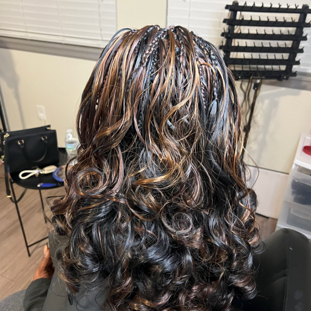 Small French Curl Boho Box Braids at The Full Set Beauty Bar in Denver, CO