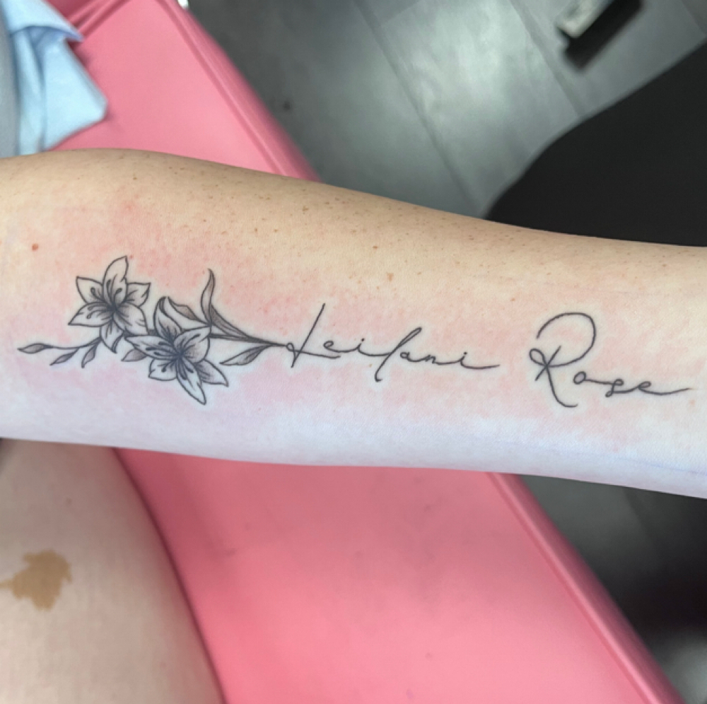 Custom Script Tattoo at Evervine Studio in Jackson, CA