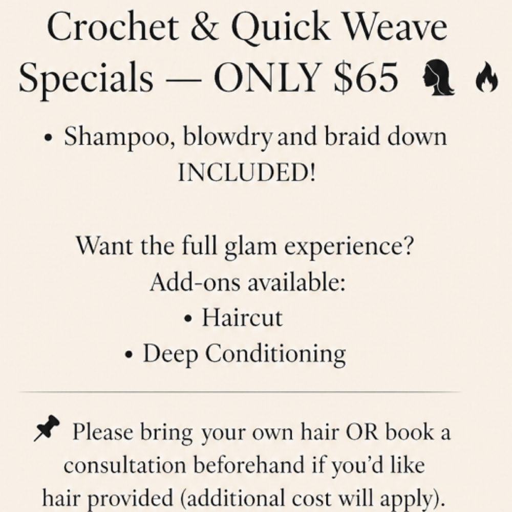 Crochet/Quick Weave SALE at Nette and Nora Salon in Absecon, NJ