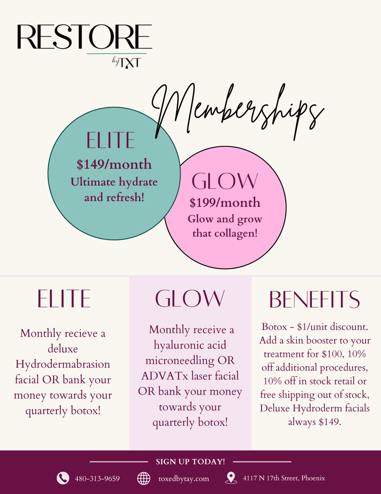 ELITE Membership at RESTORE by TXT, formerly Taylor Northcott Aesthetics in Phoenix, AZ