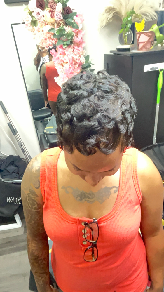 Fingerwaves w/Curls & Relaxer on Back & Sides
