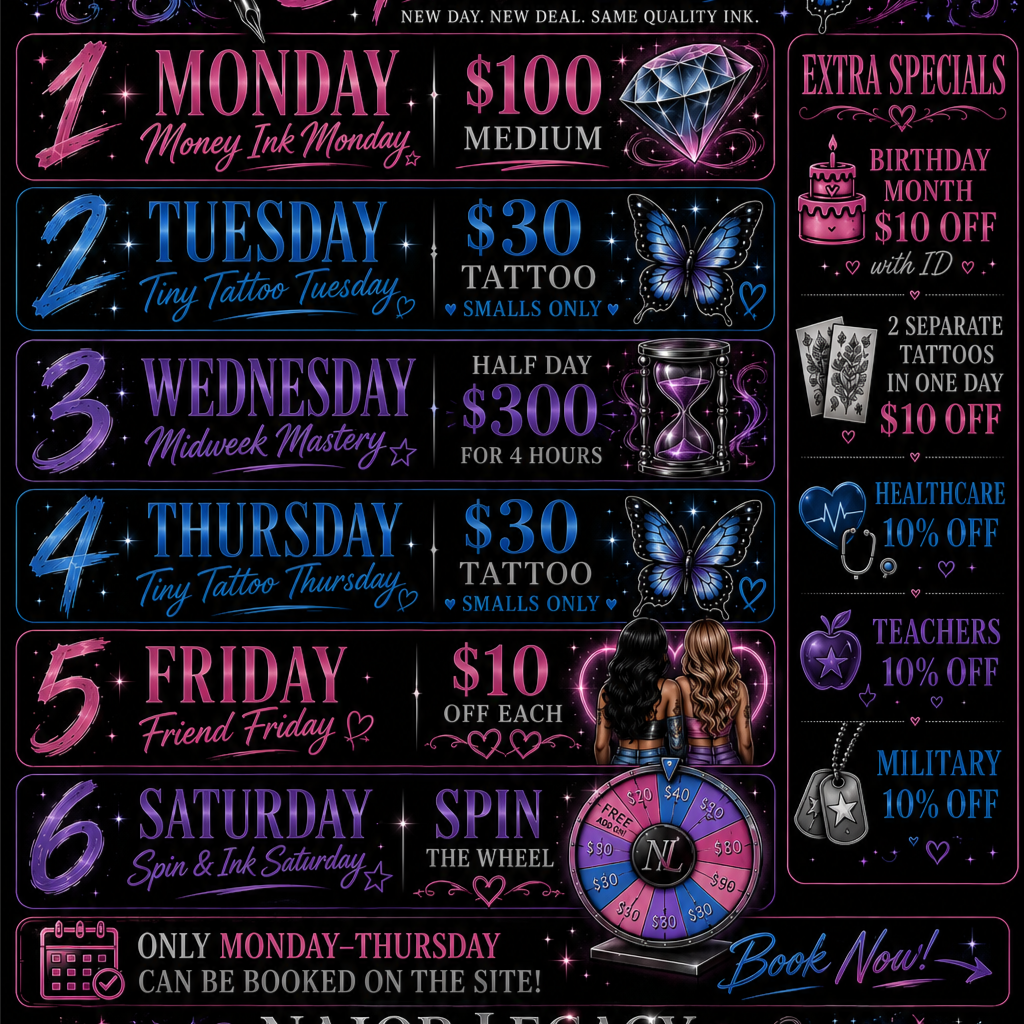 Weekly Specials🗓️🩵 at Naiorlegacyink in Baton Rouge, LA