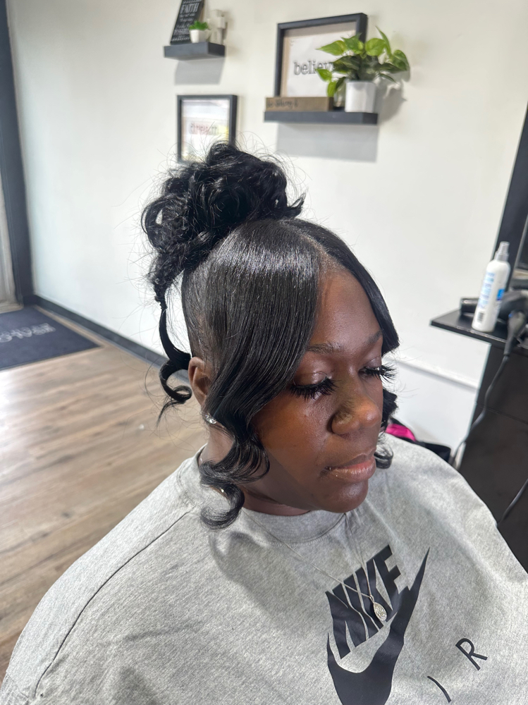 Messy Bun + Bangs at Crowned Beauty Studios LLC in Detroit, MI
