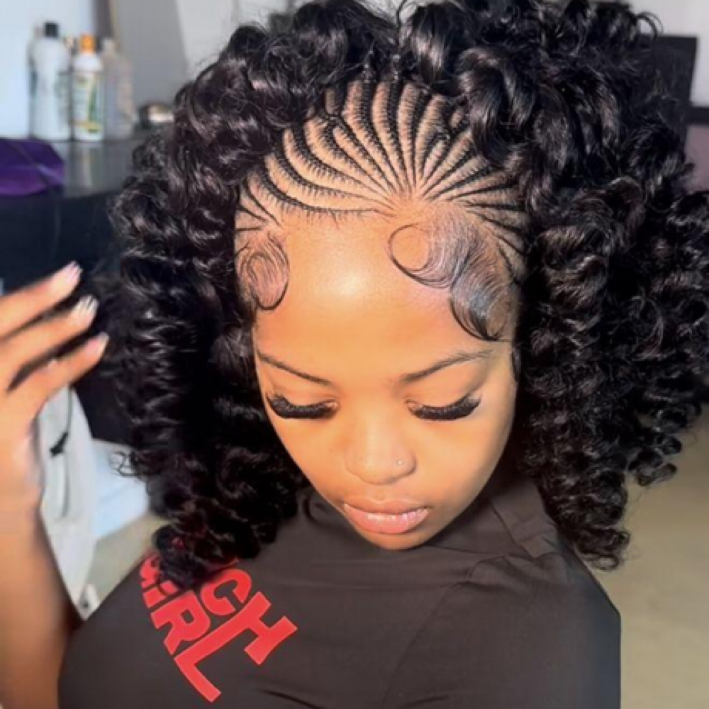 Braided Front Curly Back at Akachi cosmetics in Laurinburg, NC
