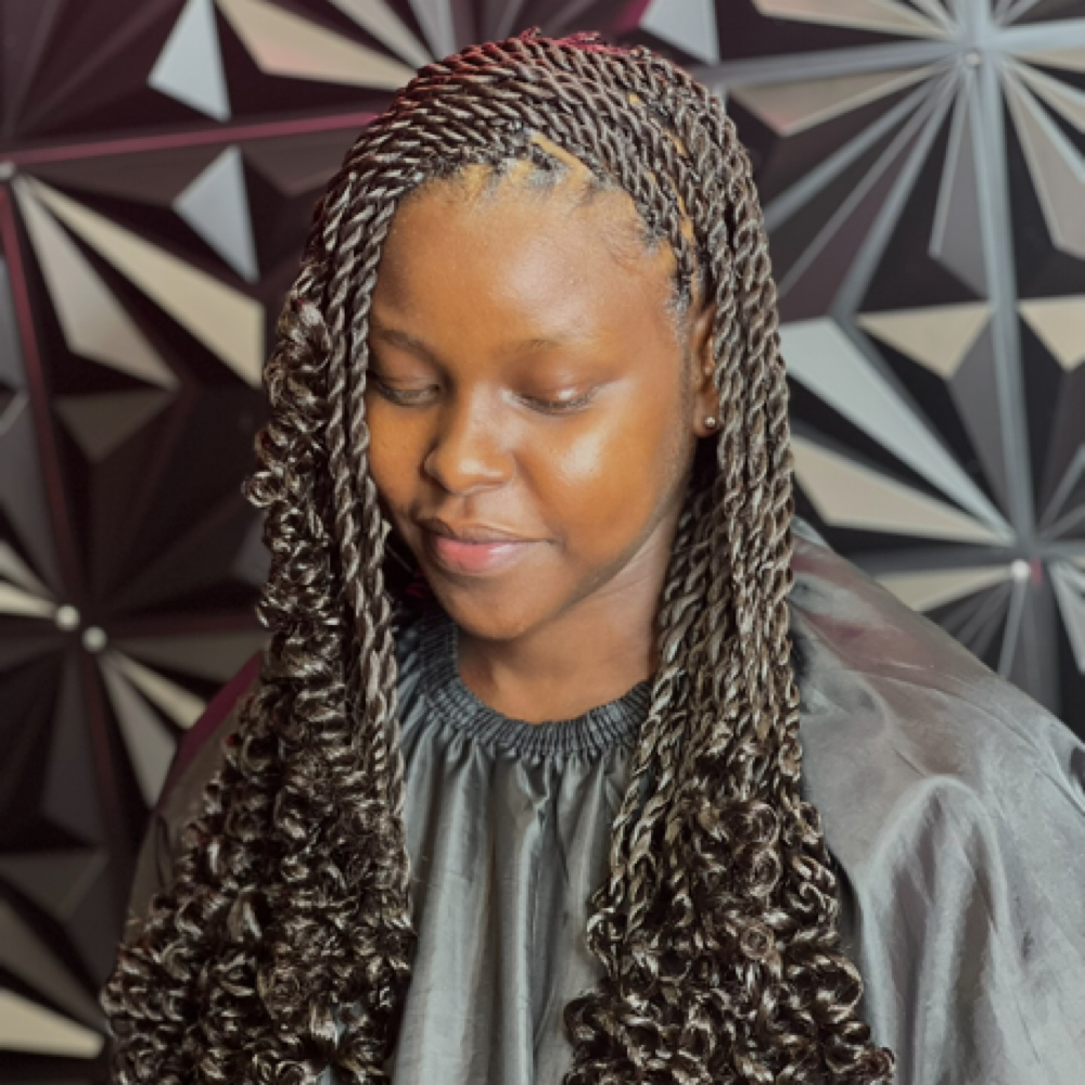 Small Knotless Twist with curls at TruGlam Stylist in Winston Salem, NC